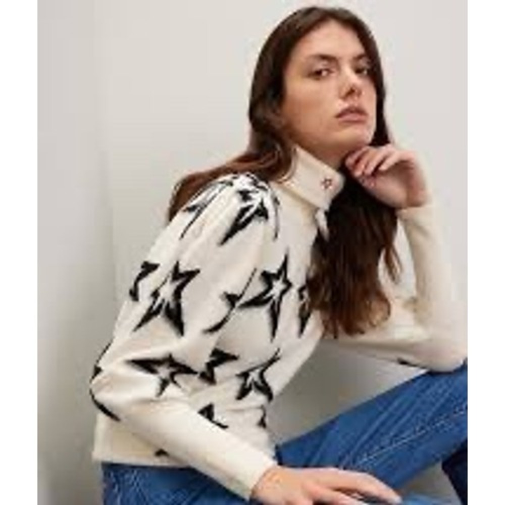 Perfect Moment Star Merino Wool Turtleneck Sweater White Black Large